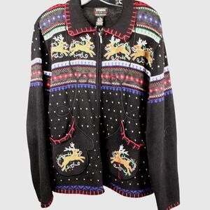 VTG Sweater Reindeer Mitten Pockets Geometric Christmas Full Zip Womens XL